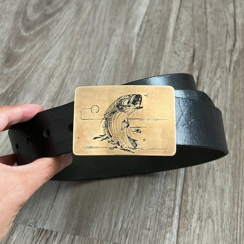 Vintage Ampersand black leather belt with brass carved fish buckle